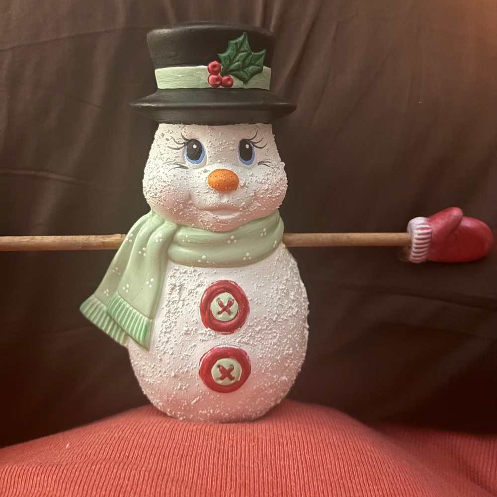 Vintage hand painted ceramic Snowman with long wood arms to hang candy canes